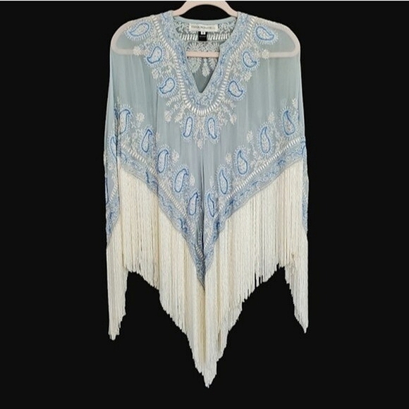 Tanja Pignatelli Vintage Silk Fringe Beaded Light Blue And Ivory Poncho